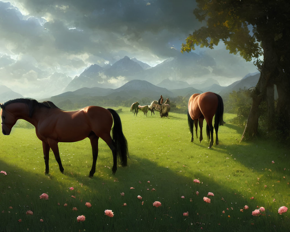 Tranquil scene of horses grazing in lush meadow with pink flowers and mountains under softly lit sky