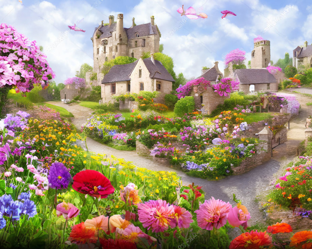 Colorful Garden with Flowers & Stone Houses under Clear Sky