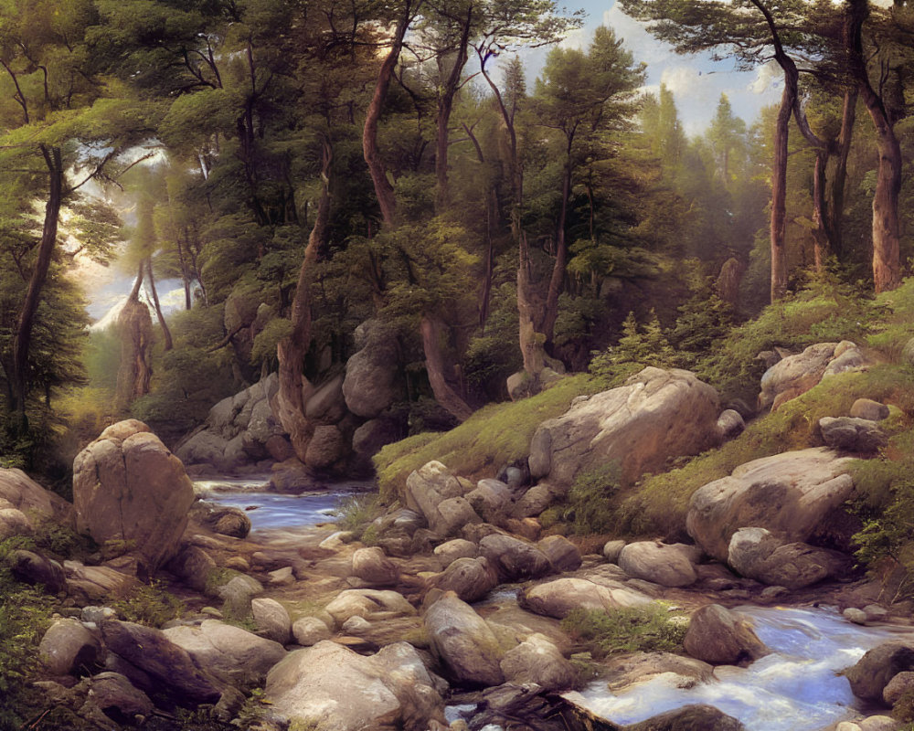 Tranquil forest scene with brook, trees, and waterfall