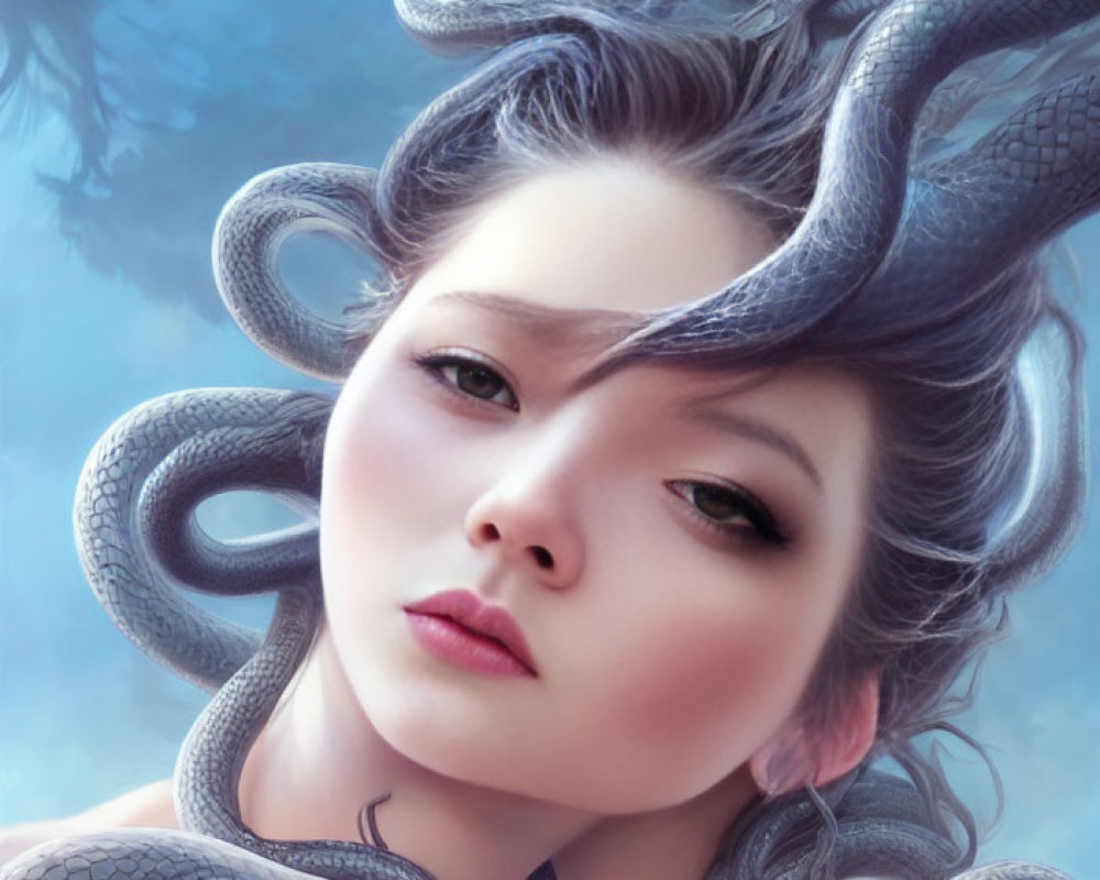 Digital portrait of woman with serene expression and snake-like hair on cloudy sky background