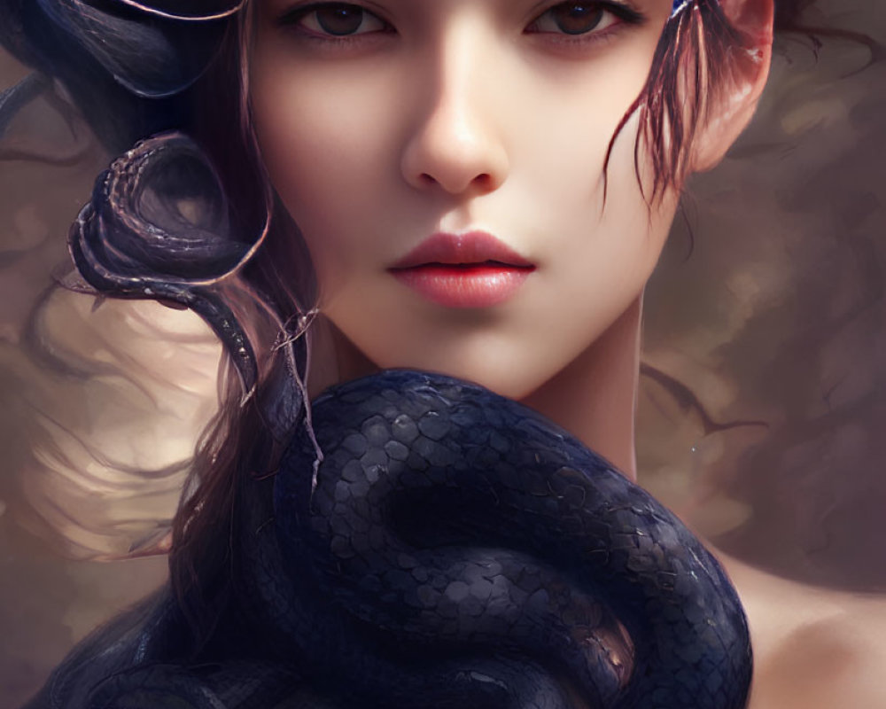 Woman portrait with snakes in her hair and intense gaze