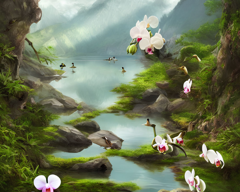 Tranquil Mountain Lake with Ducks, Greenery, and White Orchids