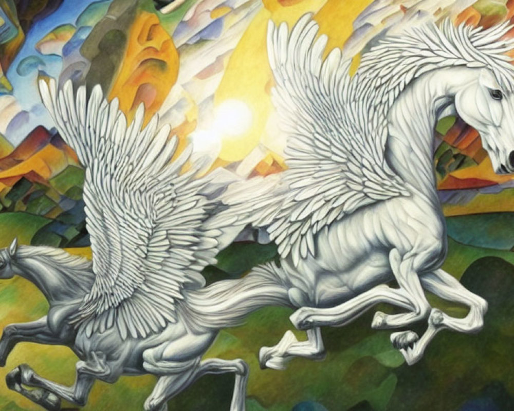 Mythical winged horses in vibrant multicolored landscape