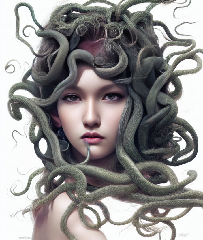 Portrait of woman with serpent-like hair, pale skin, and captivating eyes