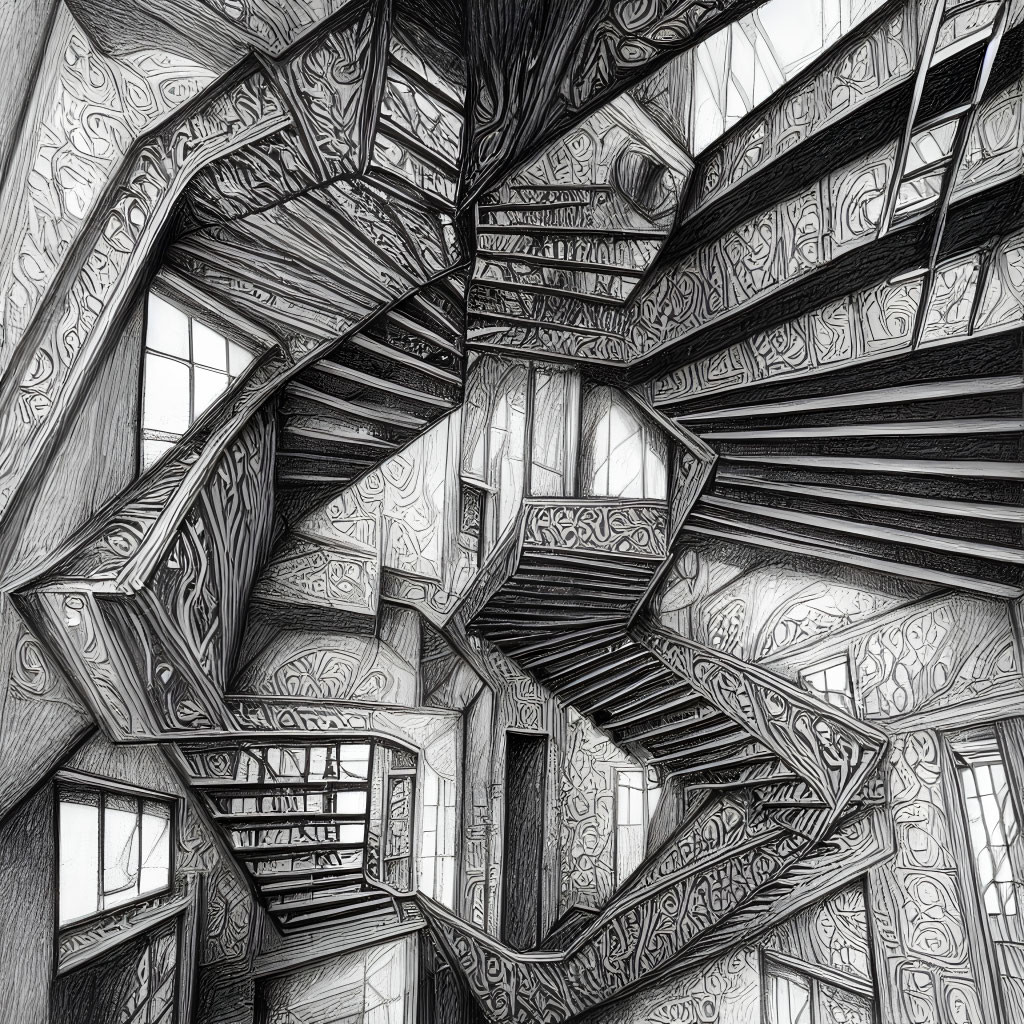 Detailed Black and White Sketch of Surreal Escher-Like Staircase