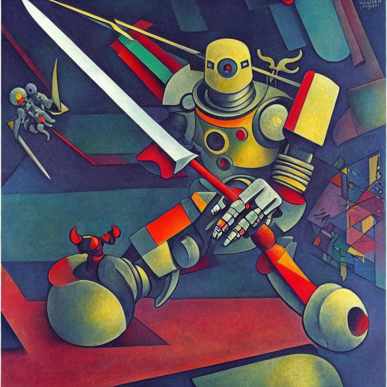 Colorful Cubist-style Robot Painting with Geometric Shapes