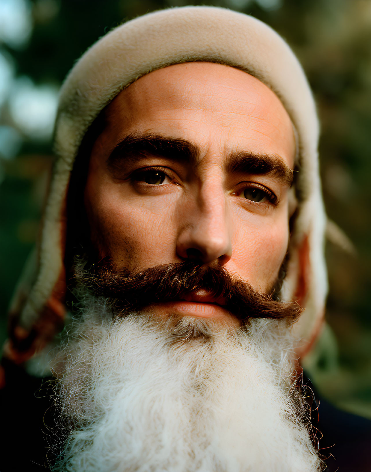 Prominent white-bearded man in fur-lined hat with twisted mustache gazes at camera against green