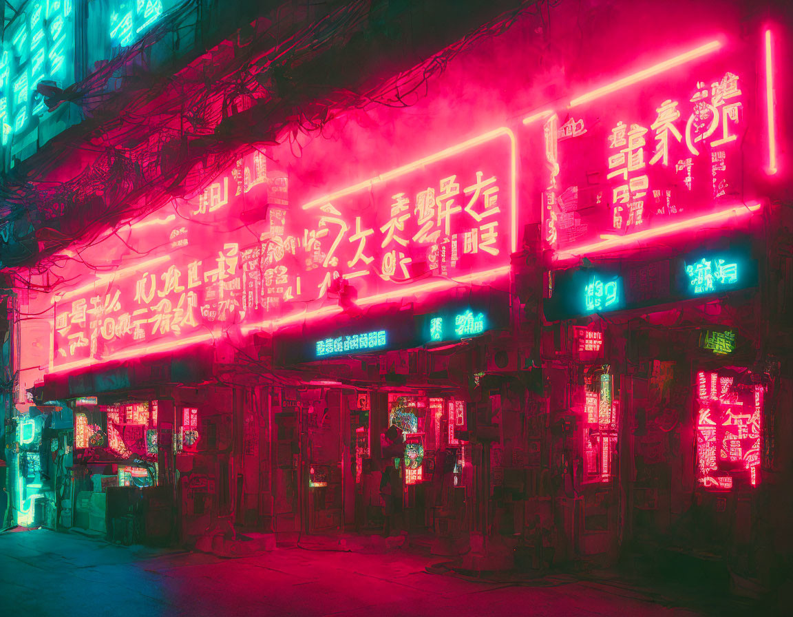 Neon-lit street at night with pink and blue lights and East Asian characters.