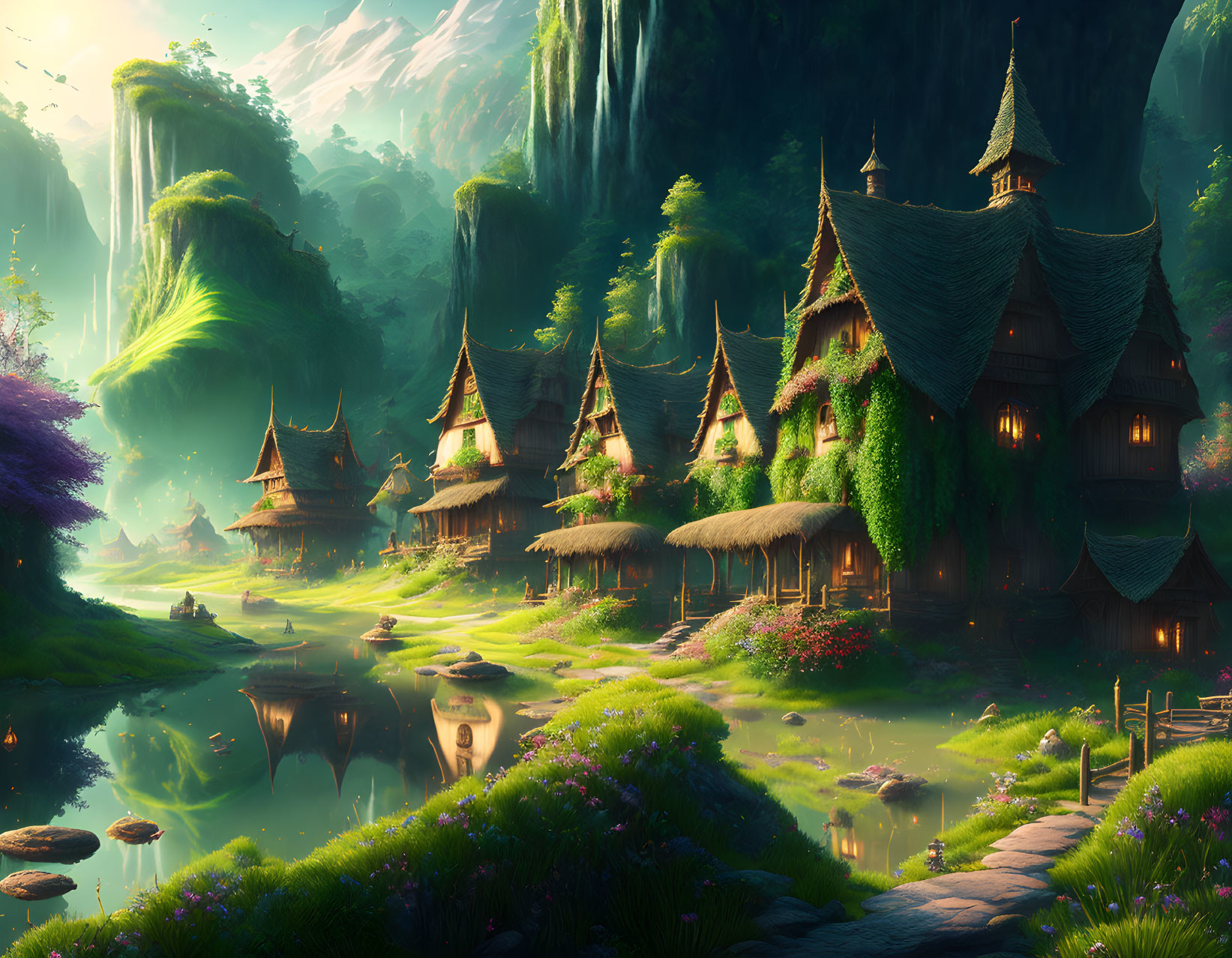 Idyllic fantasy village nestled in green hills with waterfalls and serene lake