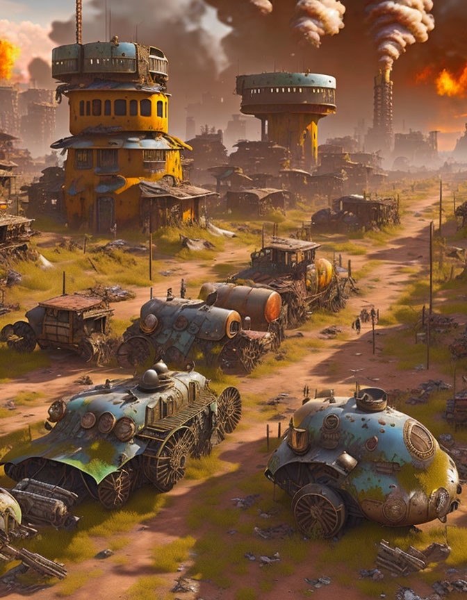 Dystopian landscape with derelict towers and steam-powered vehicles