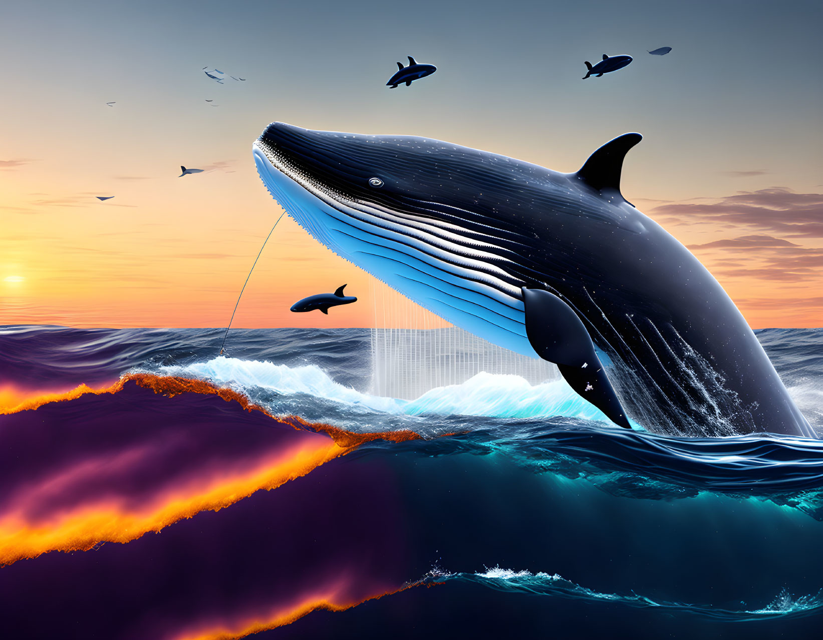 Gigantic whale leaping from ocean waves at sunset with smaller whales and birds in flight