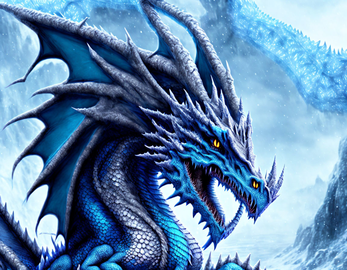 Blue multi-headed dragon with sharp horns and orange eyes on icy backdrop