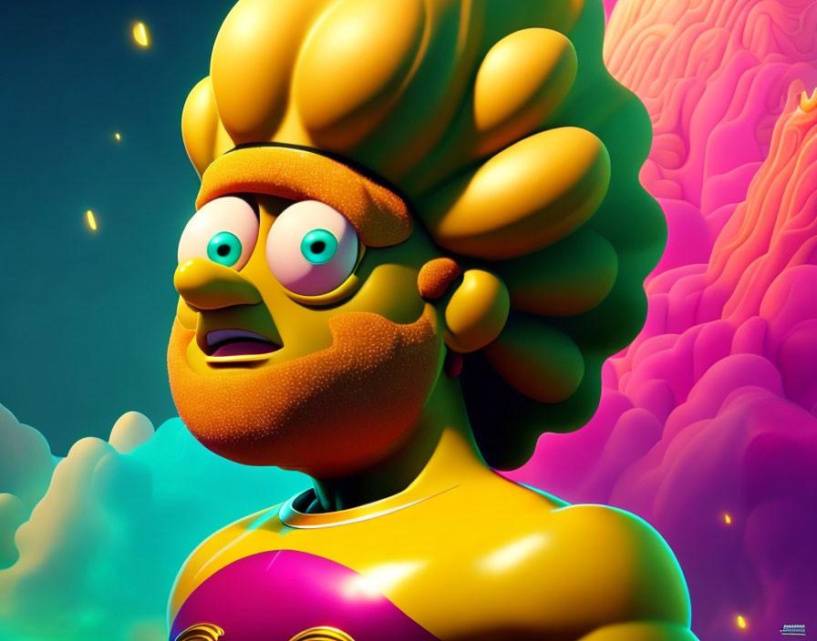 Vibrant animated character with surprised expression and unique hairstyle on colorful backdrop