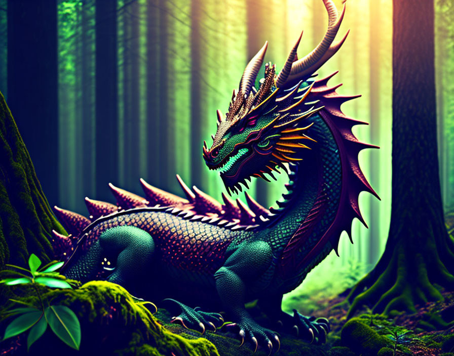 Colorful dragon in mystical forest under green sunlight