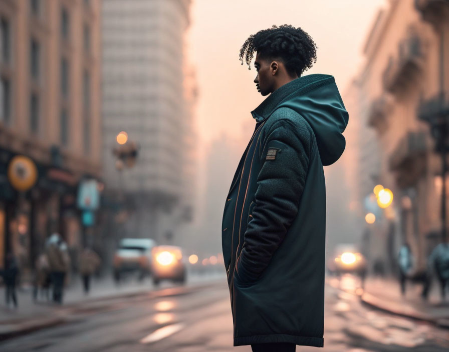 Person in dark coat on misty city street with moving vehicles and buildings