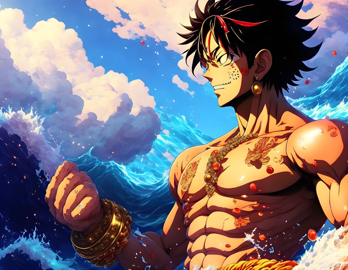 Animated character with black hair, tattoos, and golden jewelry against blue sky and clouds with sunlight.