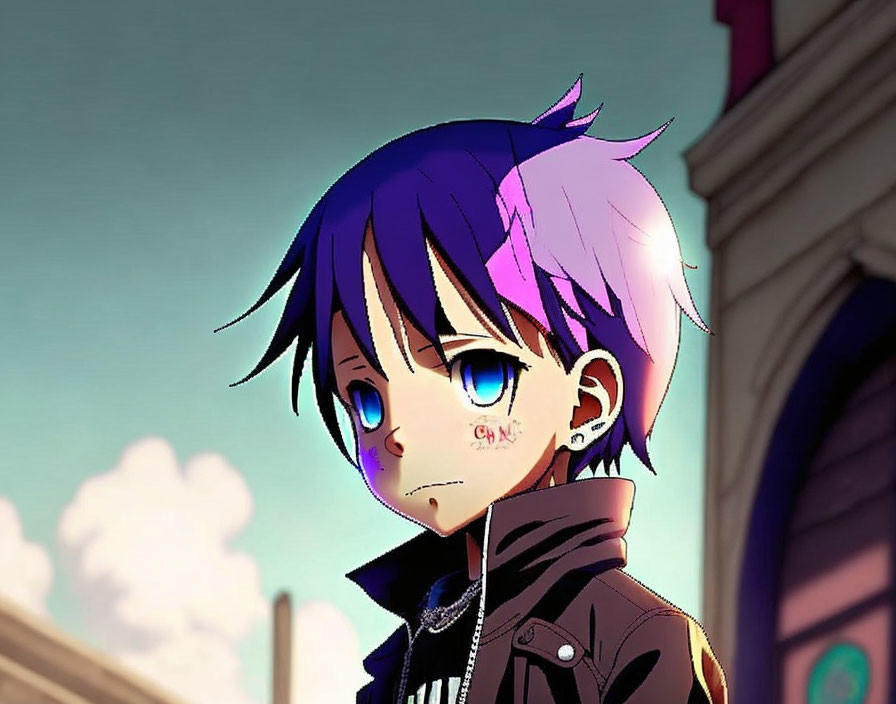 Blue and Pink Hair Anime Character with Earring and Jacket in Cityscape Scene