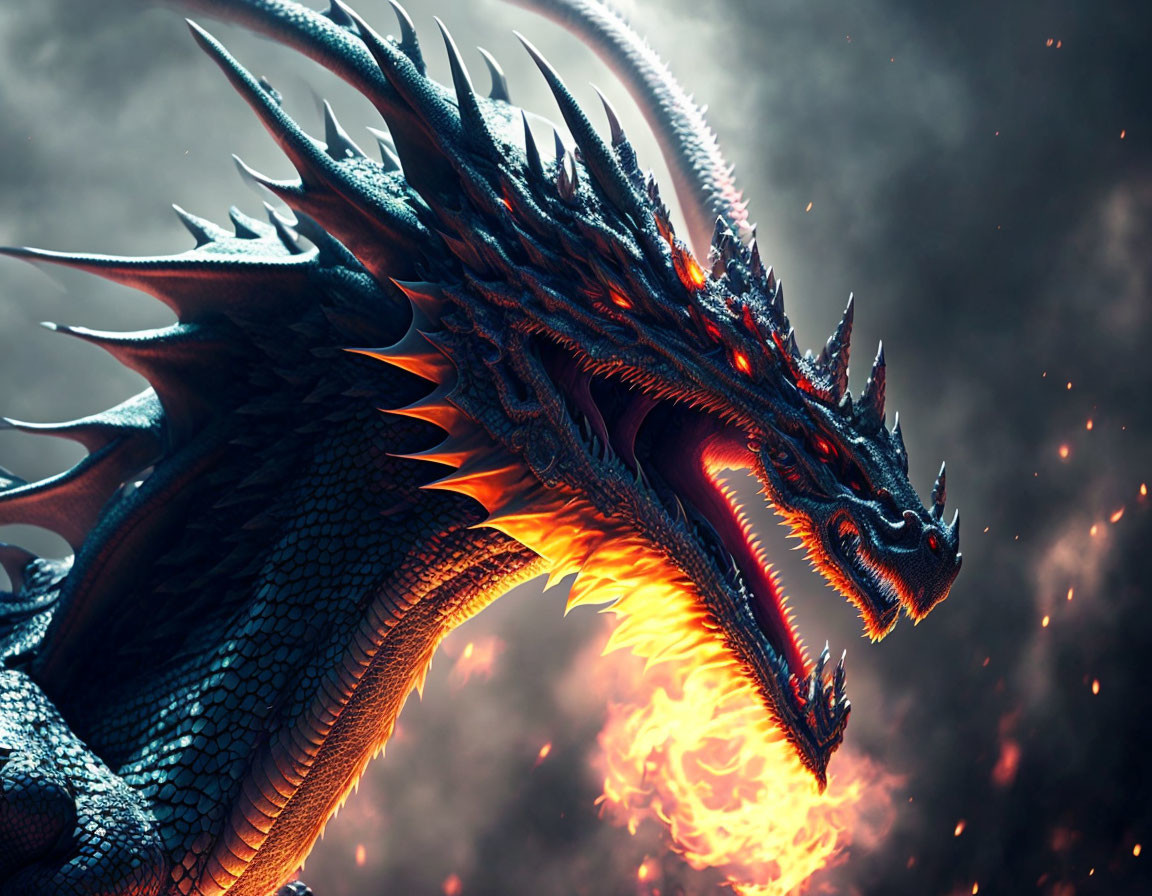 Blue-scaled dragon breathing fire in dark backdrop