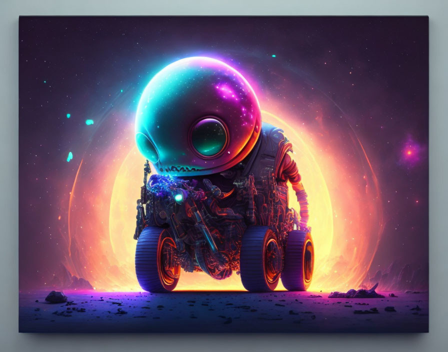 Colorful Helmeted Astronaut on Motorcycle in Surreal Sci-Fi Scene