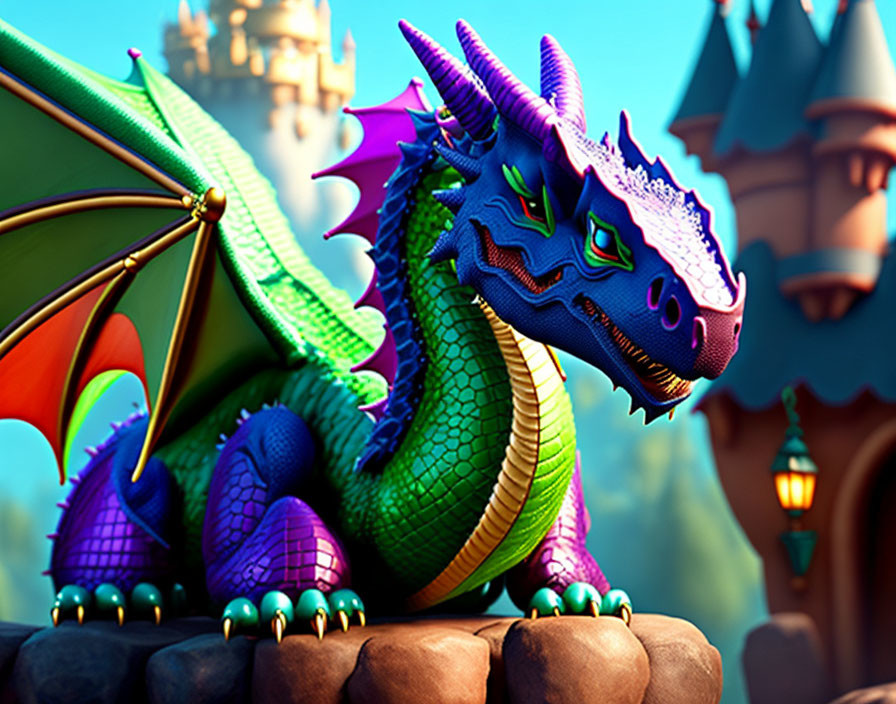 Multicolored dragon with blue horns and orange wings against castle backdrop