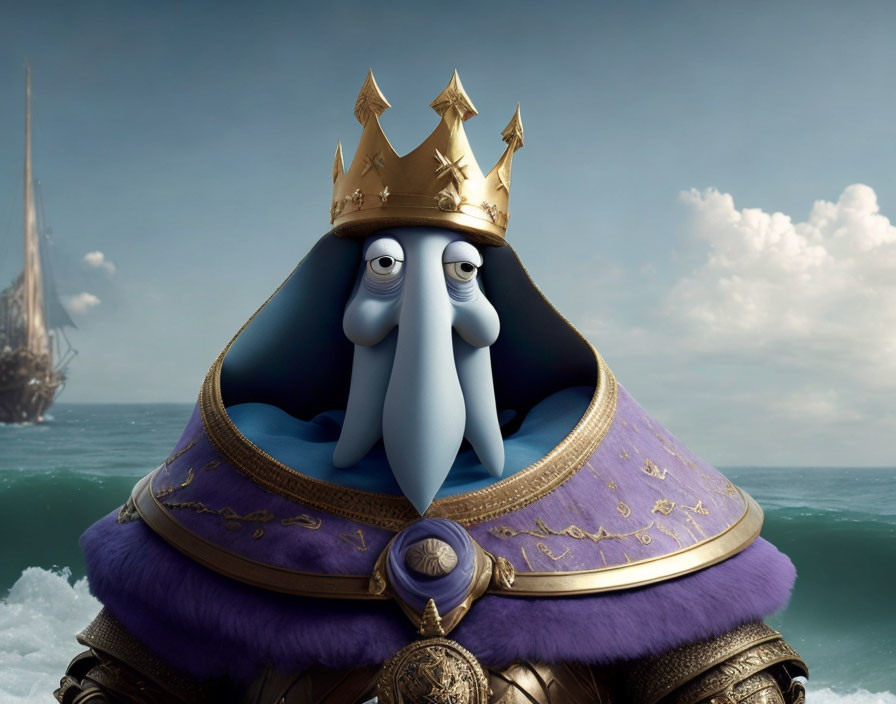 Animated character in royal attire before stormy seascape.