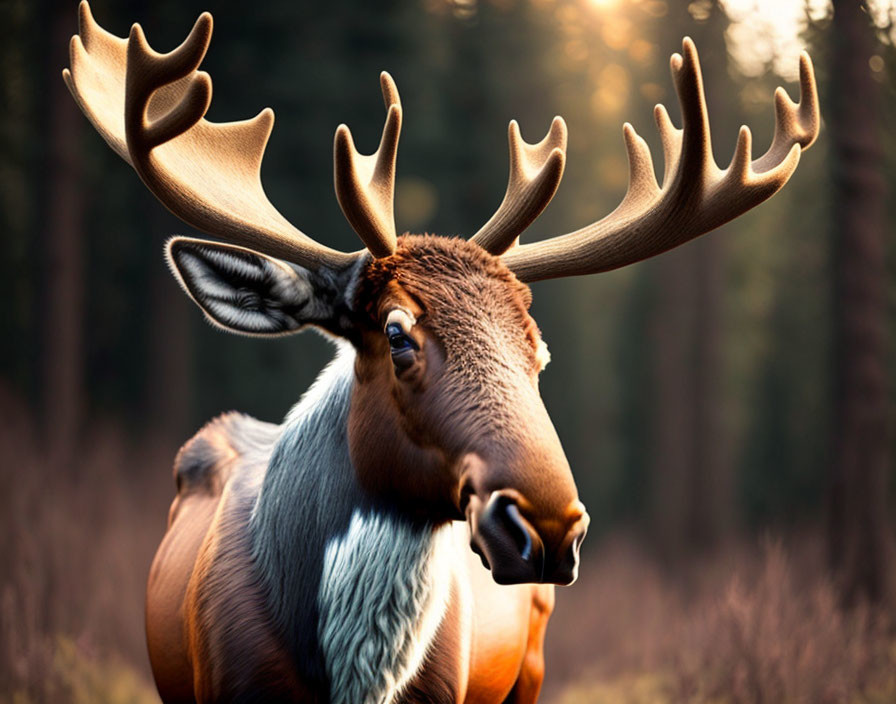 Large antlered moose in forest at dusk with soft sunlight filtering through trees