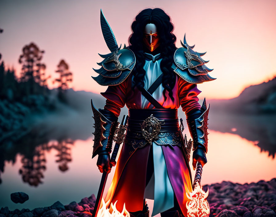 Fantasy warrior in elaborate armor by sunset lake with flaming sword