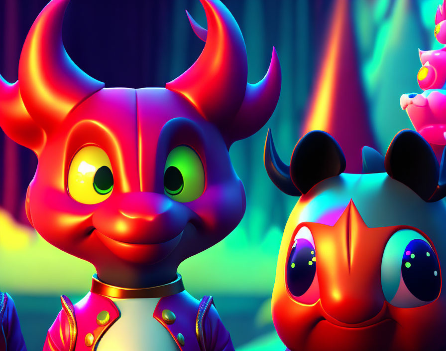 Vibrant animated characters with bold eyes and horns in neon environment