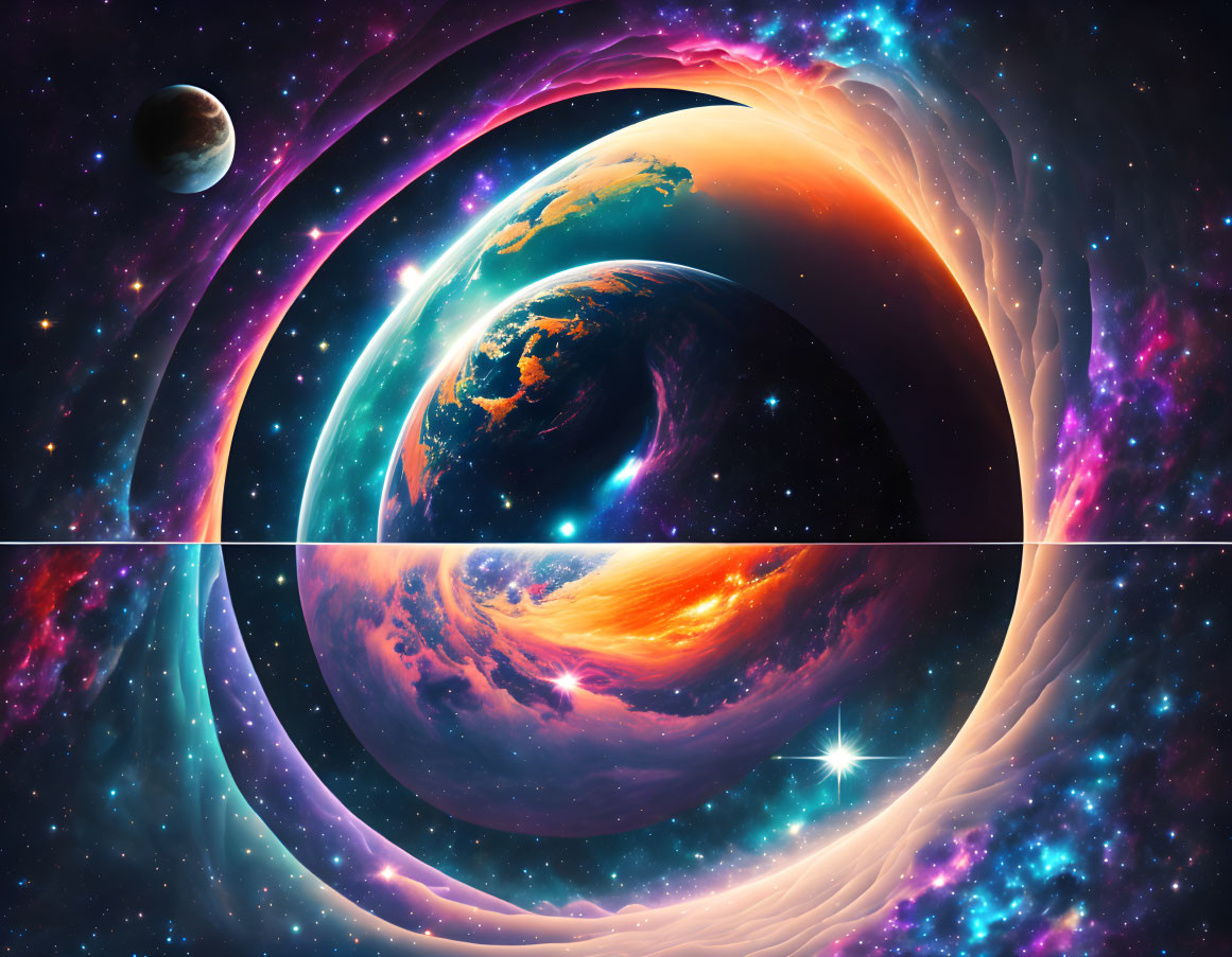 Colorful digital artwork of Earth and moon in cosmic space