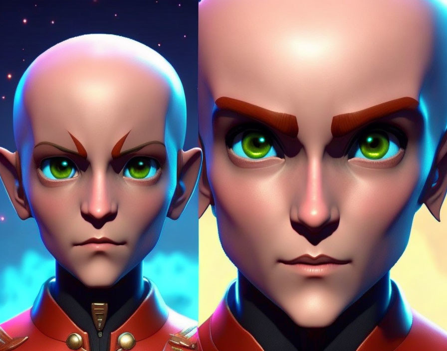 Stylized character with bald head, green eyes, pointed ears, red V, red & black