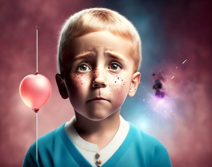 Child with surprised expression holding heart-shaped balloon in cosmic scene