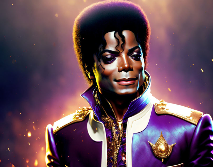 Stylized 80s-inspired person in purple and gold military jacket