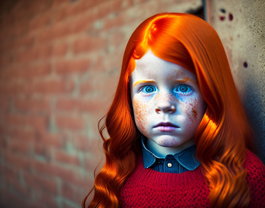 Digital artwork: Young girl with red hair, blue eyes, freckles, red sweater, brick