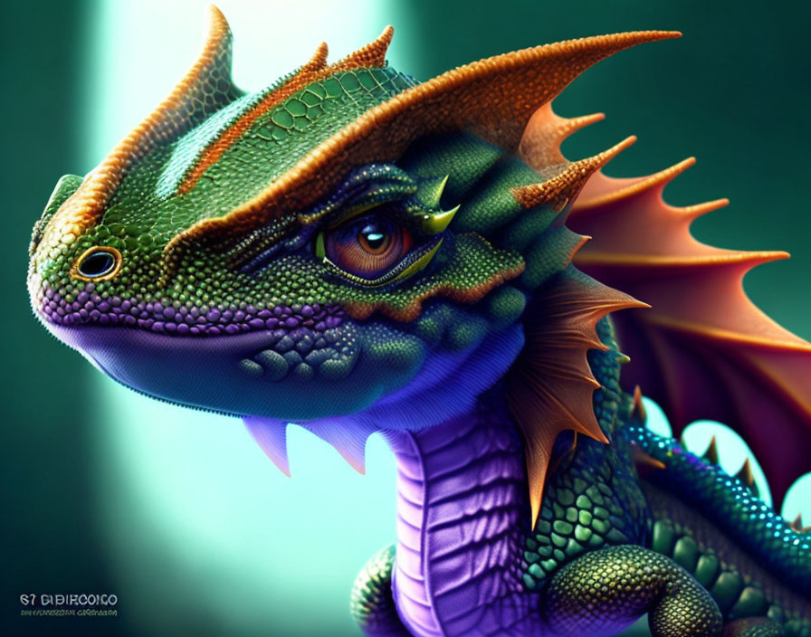 Vibrant dragon digital art with green scales and orange frills