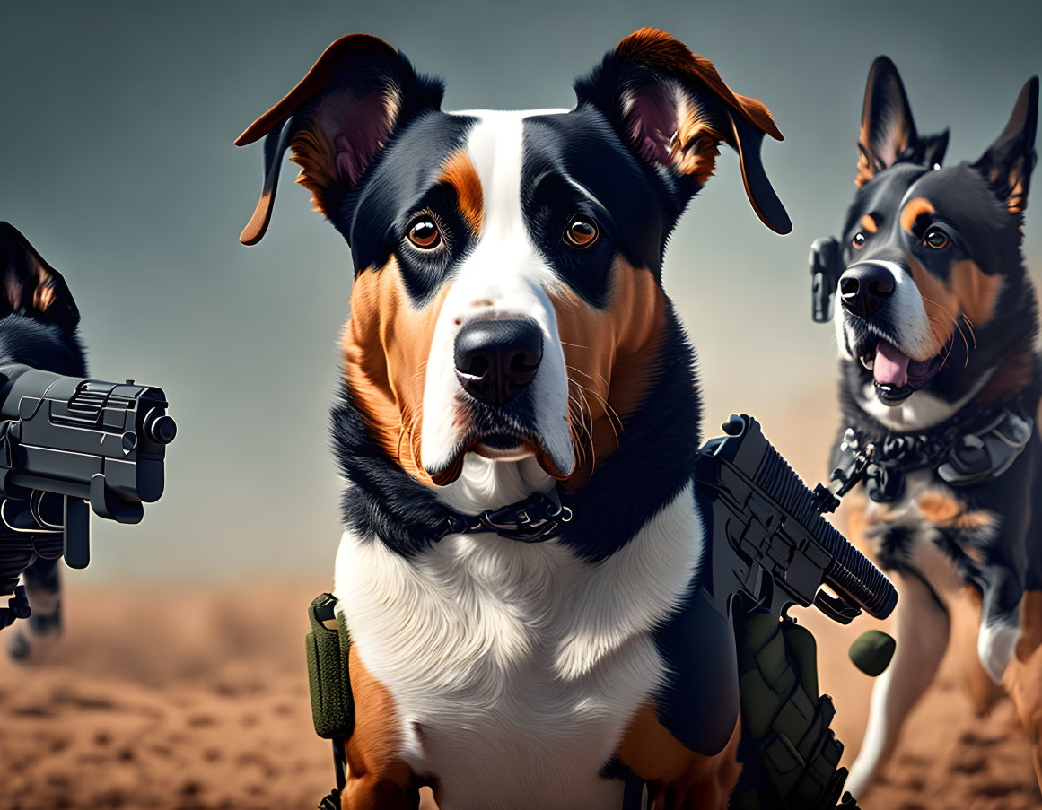 Anthropomorphic Dogs with Guns in Desert Setting