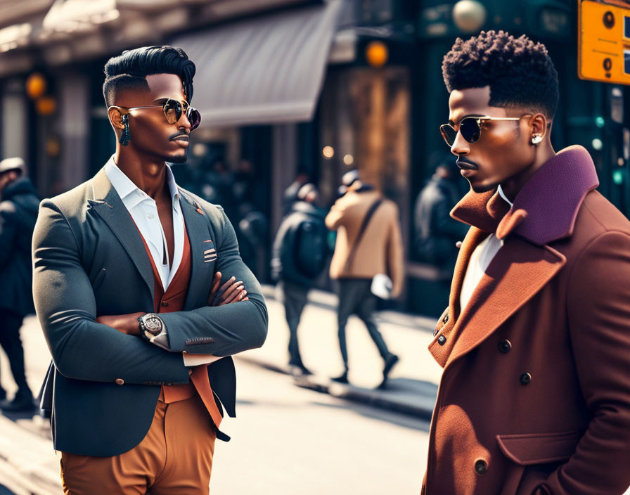 Two men in sharp suits and sunglasses on city sidewalk