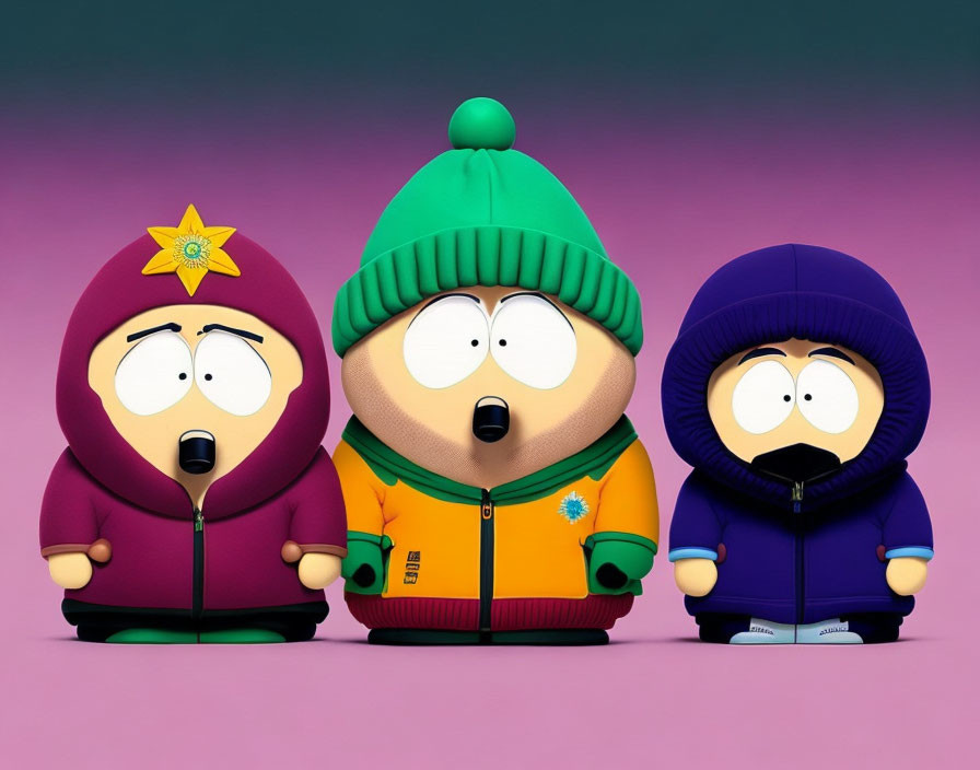 Three South Park characters in 3D winter outfits on plain background