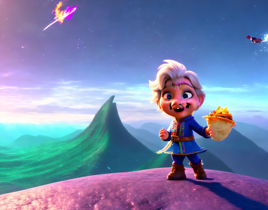 Animated character on mountaintop with burrito and shooting star.