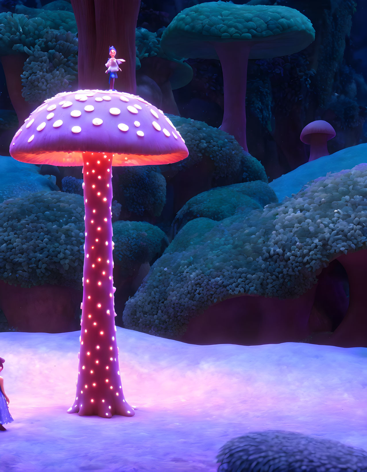 Glowing oversized mushrooms in purple forest with small figures