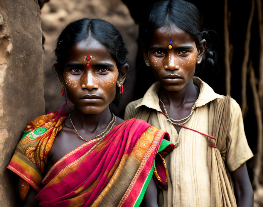 Traditional forehead decorations on two young girls in red and green sarees.