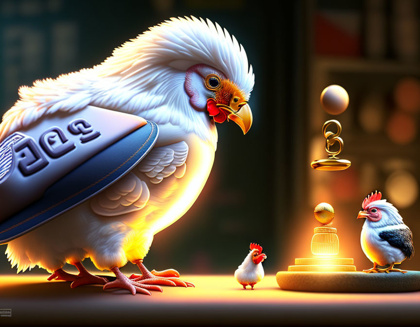 Stylized image: Large white chicken with blue backpack watching small chick play with golden balls