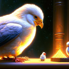 Stylized image: Large white chicken with blue backpack watching small chick play with golden balls