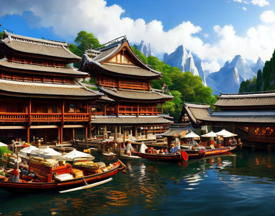 Asian waterfront village with wooden buildings, boats, and mountains.