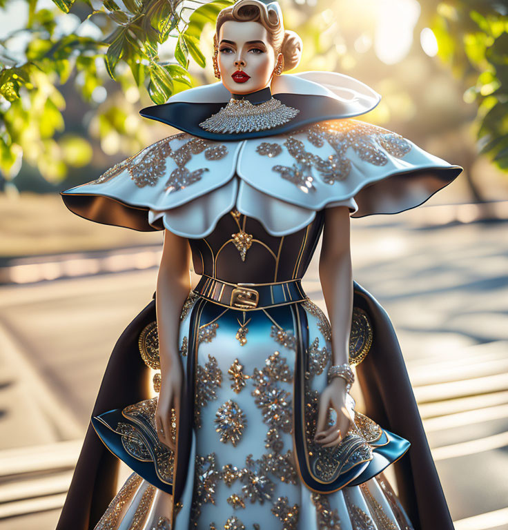 Elegant Woman in Blue Gown with Gold Accents and Statement Collar