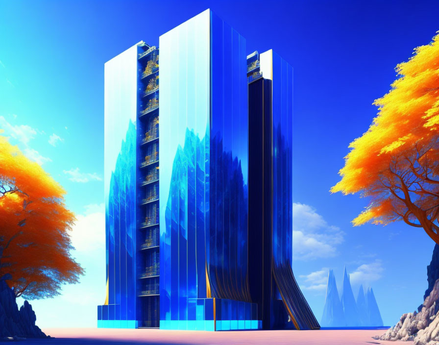 Futuristic skyscraper in desert landscape with blue mirrored surfaces