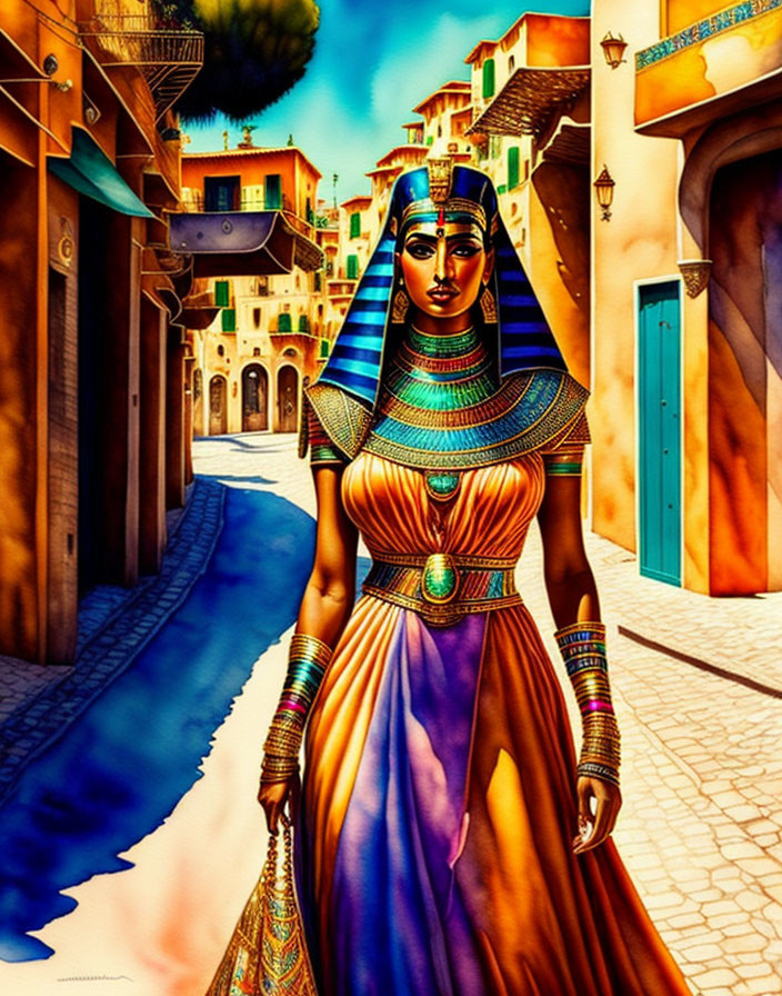 Illustration of woman in ancient Egyptian attire on colorful street