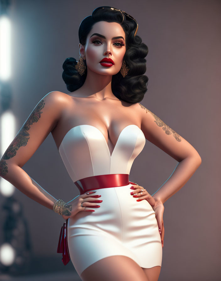 Vintage-inspired woman in strapless white dress with red belt and tattoos.