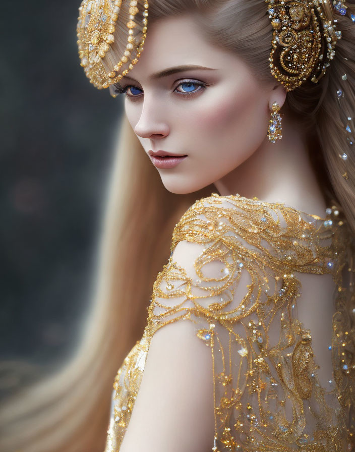 Blue-eyed woman in golden headpieces and dress gazing softly.