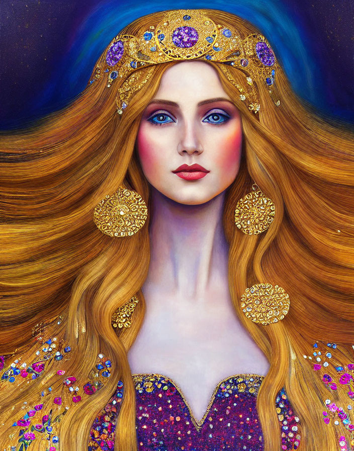 Portrait of woman with golden hair and jeweled crown against starry backdrop