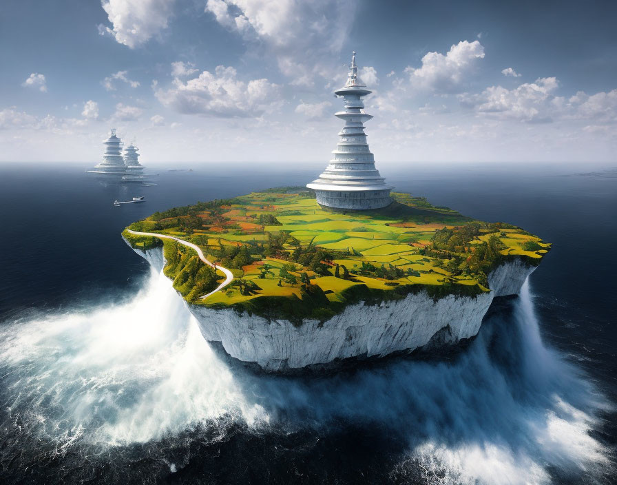 Floating island with pagoda, lush fields, waterfall, ships, sunny day & clouds